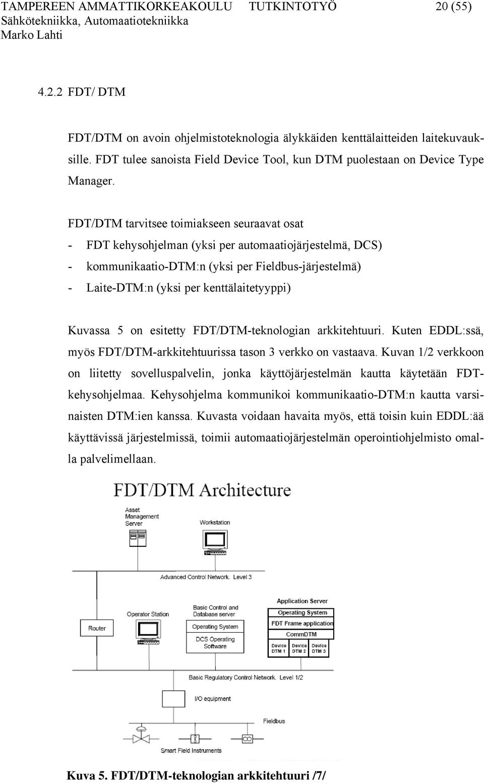 FDT/DTM tarvitsee toimiakseen seuraavat osat - FDT kehysohjelman (yksi per automaatiojärjestelmä, DCS) - kommunikaatio-dtm:n (yksi per Fieldbus-järjestelmä) - Laite-DTM:n (yksi per kenttälaitetyyppi)