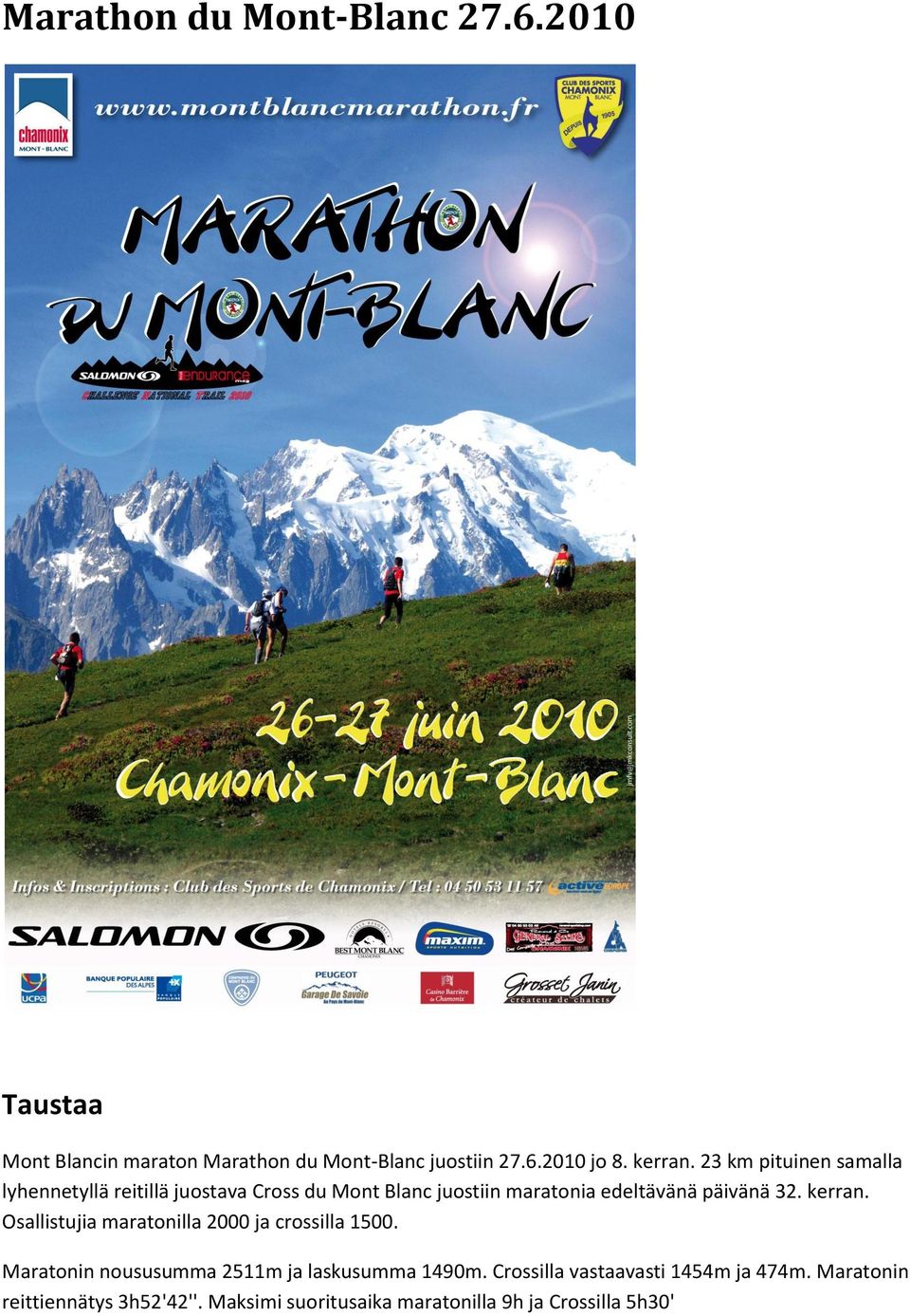 kerran. Osallistujia maratonilla 2000 ja crossilla 1500. Maratonin noususumma 2511m ja laskusumma 1490m.