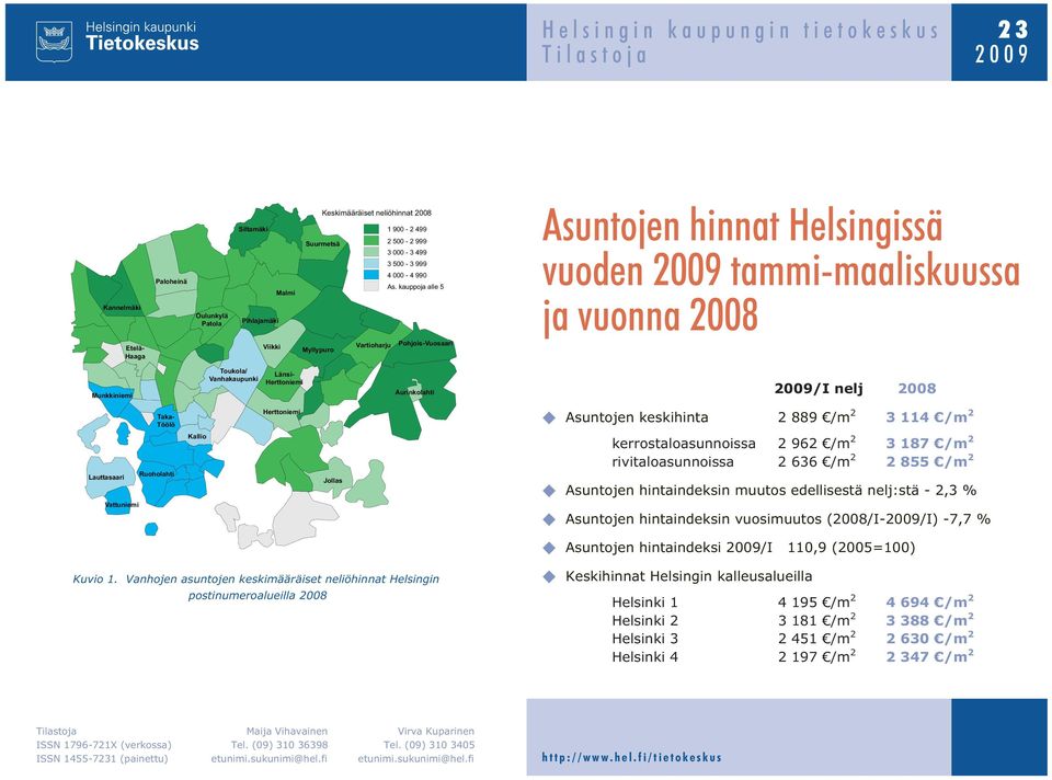 kauppoja alle 5 Vartioharju Pohjois-Vuosaari Myllypuro Asuntojen hinnat Helsingissä vuoden 2009 tammi-maaliskuussa ja vuonna 2008 Munkkiniemi Toukola/ Vanhakaupunki Länsi- Herttoniemi Aurinkolahti