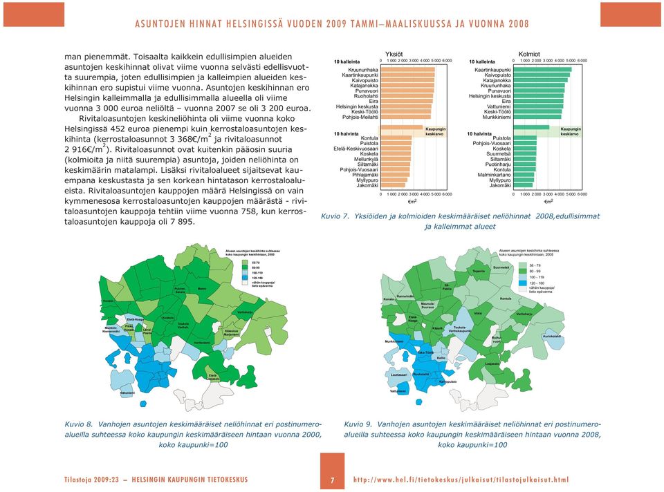 Asuntojen keskihinnan ero Helsingin kalleimmalla ja edullisimmalla alueella oli viime vuonna 3 000 euroa neliöltä vuonna 2007 se oli 3 200 euroa.