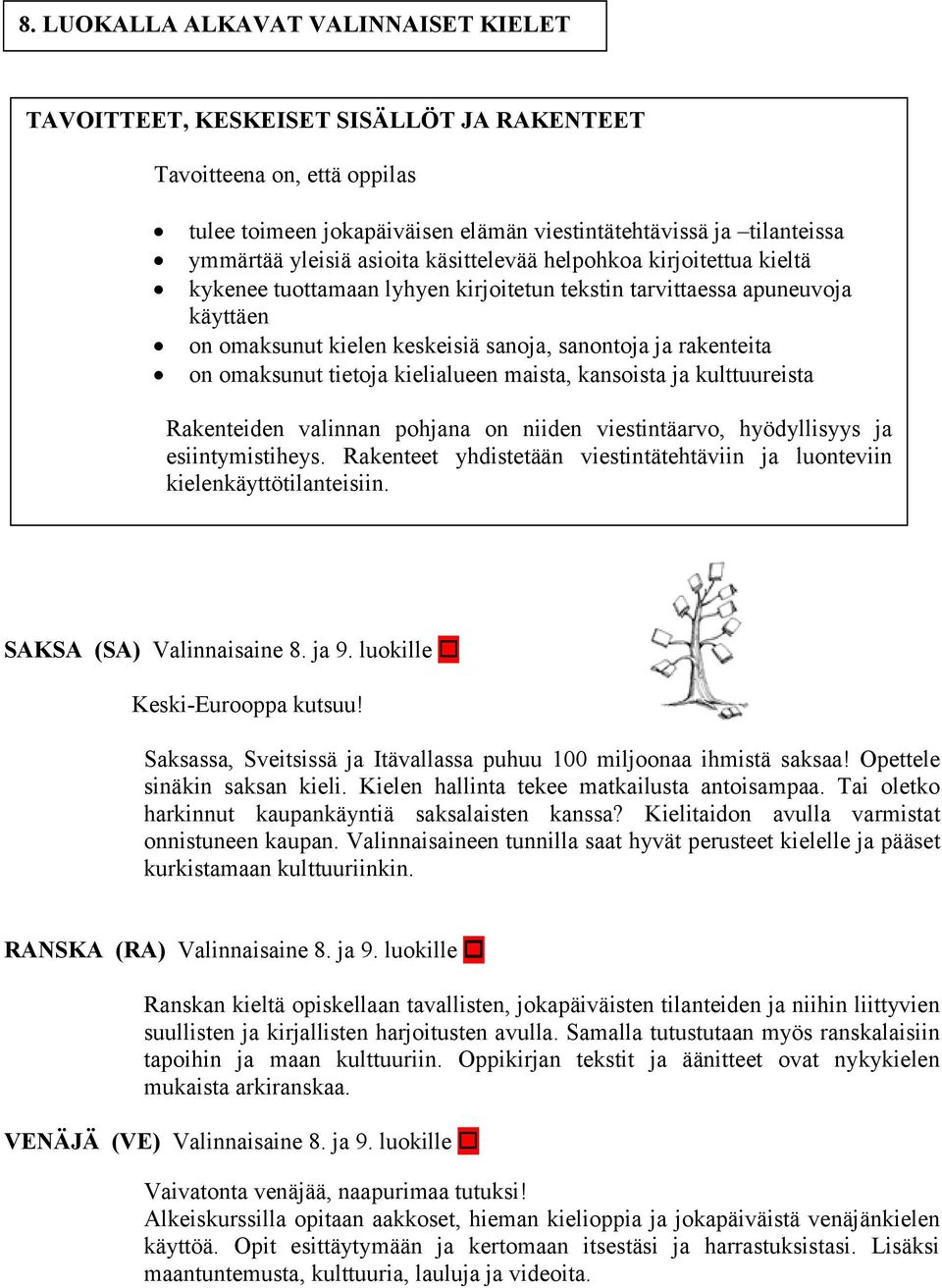 omaksunut tietoja kielialueen maista, kansoista ja kulttuureista Rakenteiden valinnan pohjana on niiden viestintäarvo, hyödyllisyys ja esiintymistiheys.