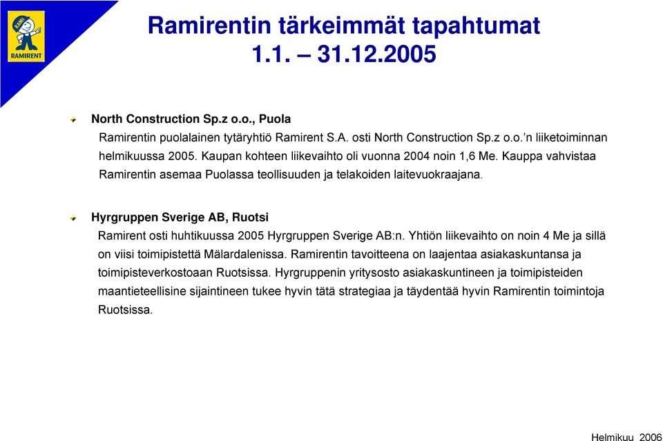 Hyrgruppen Sverige AB, Ruotsi Ramirent osti huhtikuussa 2005 Hyrgruppen Sverige AB:n. Yhtiön liikevaihto on noin 4 Me ja sillä on viisi toimipistettä Mälardalenissa.