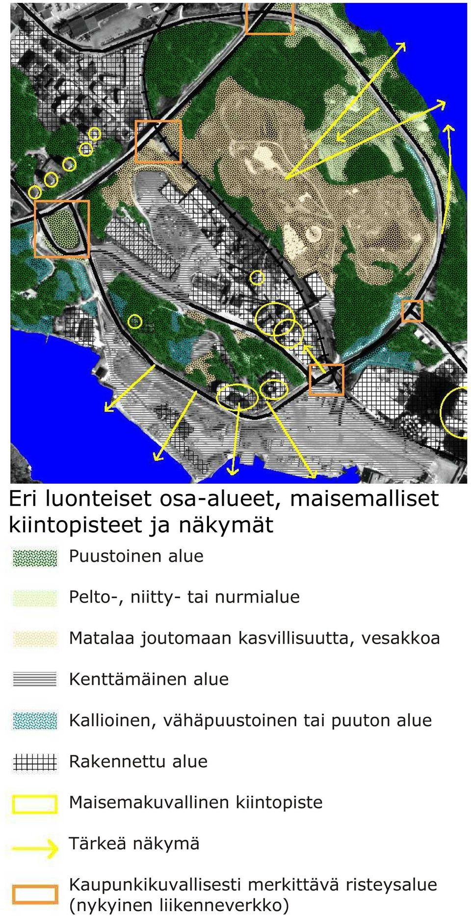 alue Kallioinen, vähäpuustoinen tai puuton alue Rakennettu alue Maisemakuvallinen