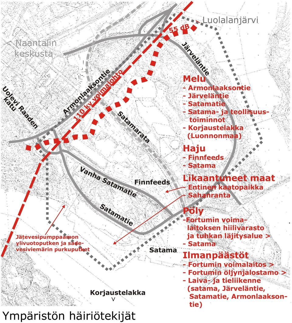 Jätevesipumppaamon ylivuotoputken ja sadevesiviemärin purkuputket Satamatie Korjaustelakka > Ympäristön häiriötekijät Satama Pöly -Fortumin voimalaitoksen hiilivarasto