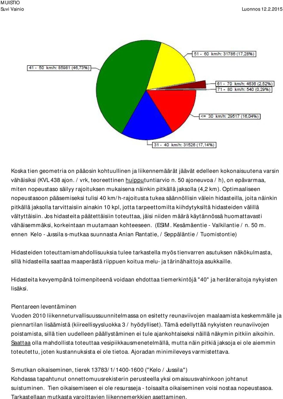 Optimaaliseen nopeustasoon pääsemiseksi tulisi 40 km/h-rajoitusta tukea säännöllisin välein hidasteilla, joita näinkin pitkällä jaksolla tarvittaisiin ainakin 10 kpl, jotta tarpeettomilta