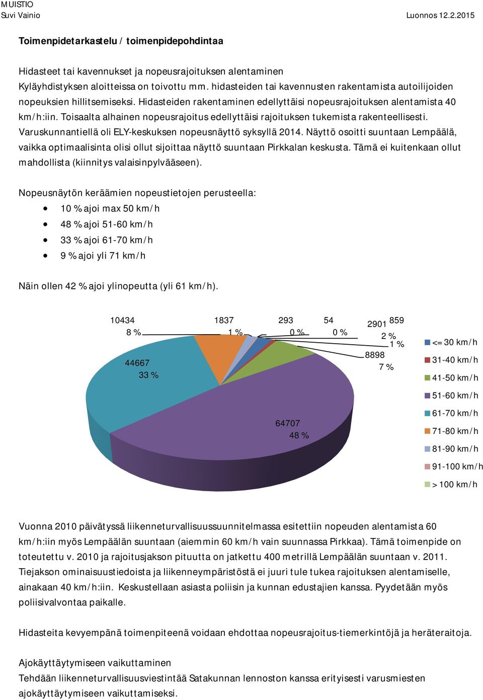 Toisaalta alhainen nopeusrajoitus edellyttäisi rajoituksen tukemista rakenteellisesti. Varuskunnantiellä oli ELY-keskuksen nopeusnäyttö syksyllä 2014.