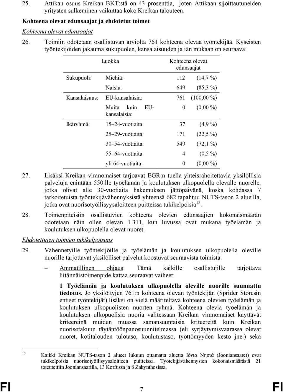 Kyseisten työntekijöiden jakauma sukupuolen, kansalaisuuden ja iän mukaan on seuraava: Luokka Kohteena olevat edunsaajat Sukupuoli: Miehiä: 112 (14,7 %) Naisia: 649 (85,3 %) Kansalaisuus: