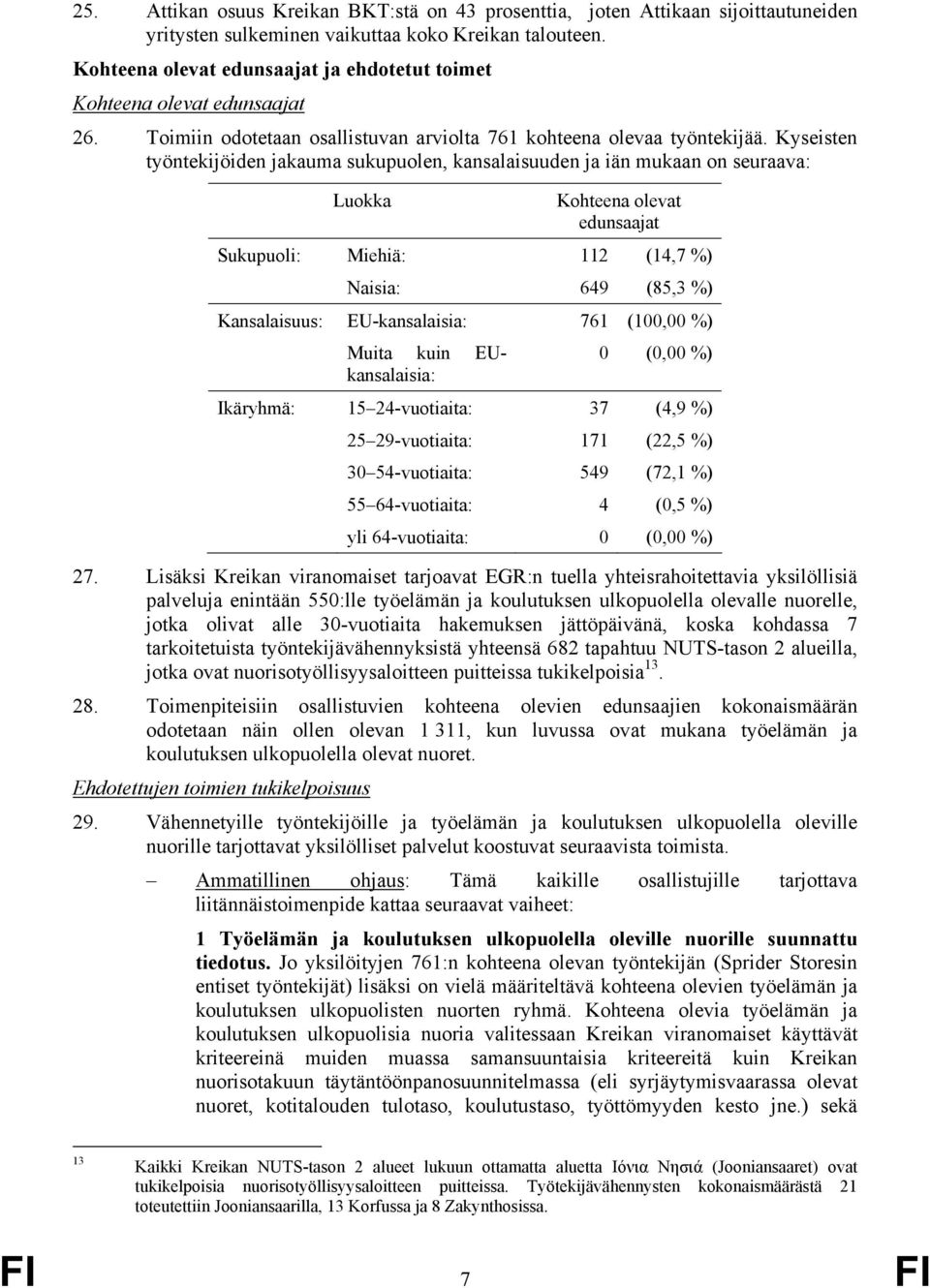 Kyseisten työntekijöiden jakauma sukupuolen, kansalaisuuden ja iän mukaan on seuraava: Luokka Kohteena olevat edunsaajat Sukupuoli: Miehiä: 112 (14,7 %) Naisia: 649 (85,3 %) Kansalaisuus: