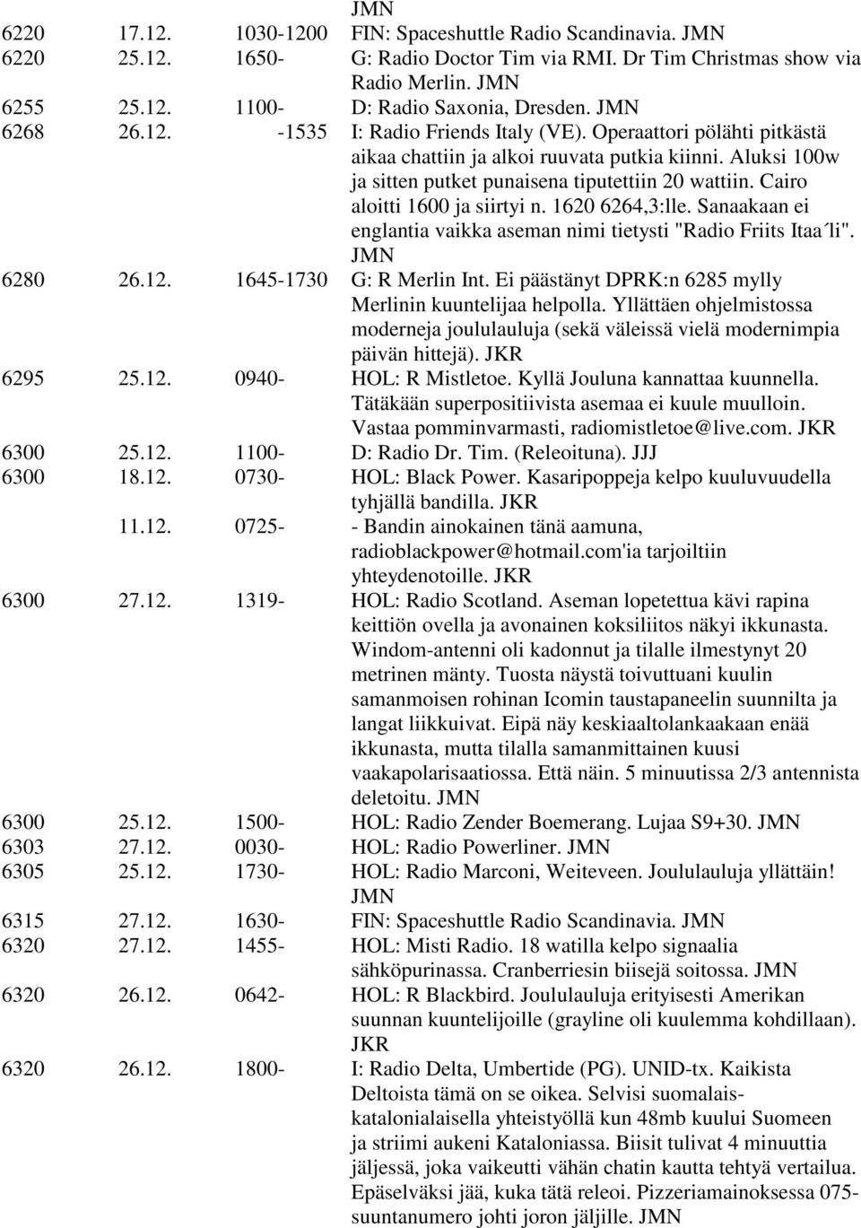 Cairo aloitti 1600 ja siirtyi n. 1620 6264,3:lle. Sanaakaan ei englantia vaikka aseman nimi tietysti "Radio Friits Itaa li". JMN 6280 26.12. 1645-1730 G: R Merlin Int.