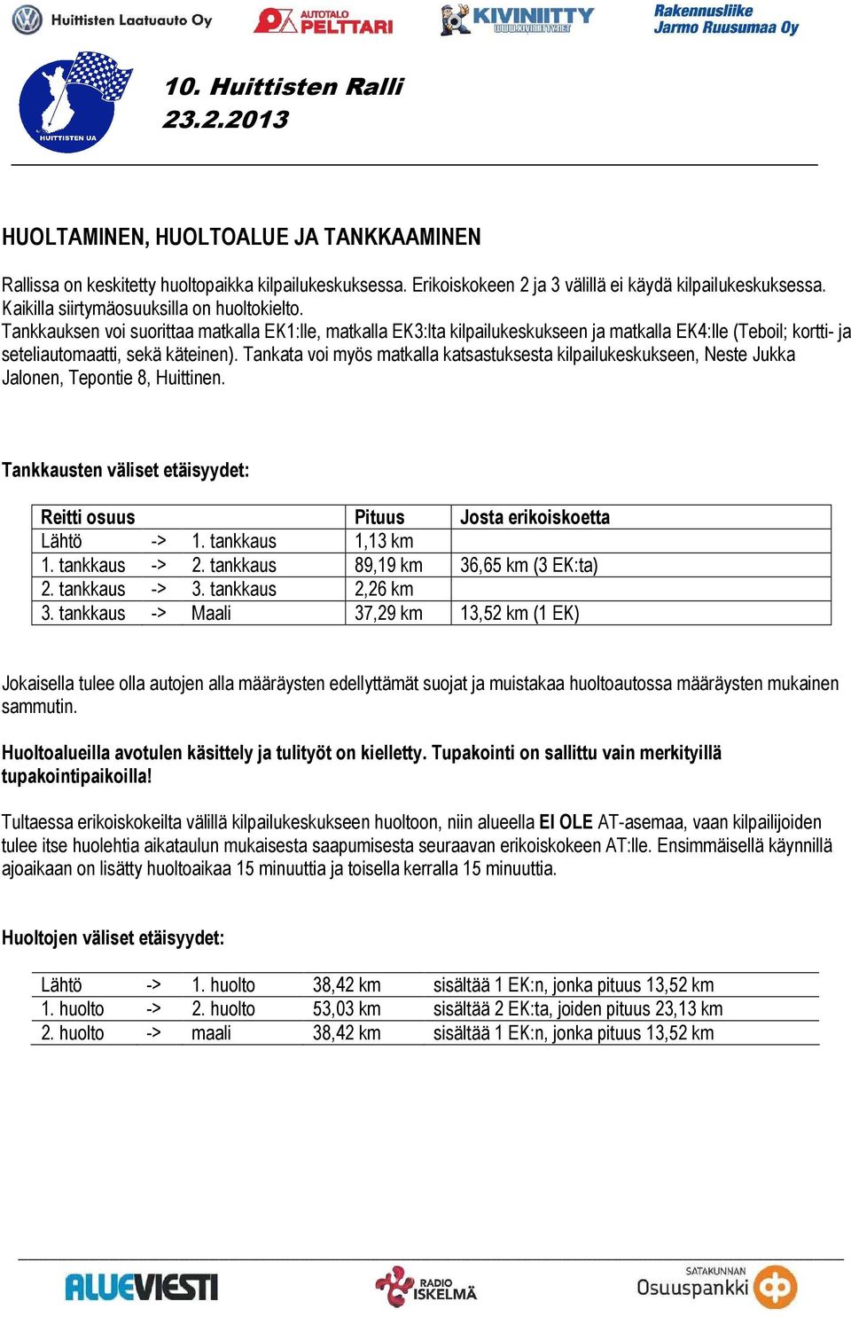 Tankata voi myös matkalla katsastuksesta kilpailukeskukseen, Neste Jukka Jalonen, Tepontie 8, Huittinen. Tankkausten väliset etäisyydet: Reitti osuus Pituus Josta erikoiskoetta Lähtö -> 1.