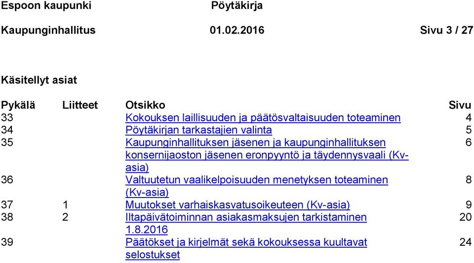 tarkastajien valinta 5 35 Kaupunginhallituksen jäsenen ja kaupunginhallituksen 6 konsernijaoston jäsenen eronpyyntö ja täydennysvaali (Kvasia) 36