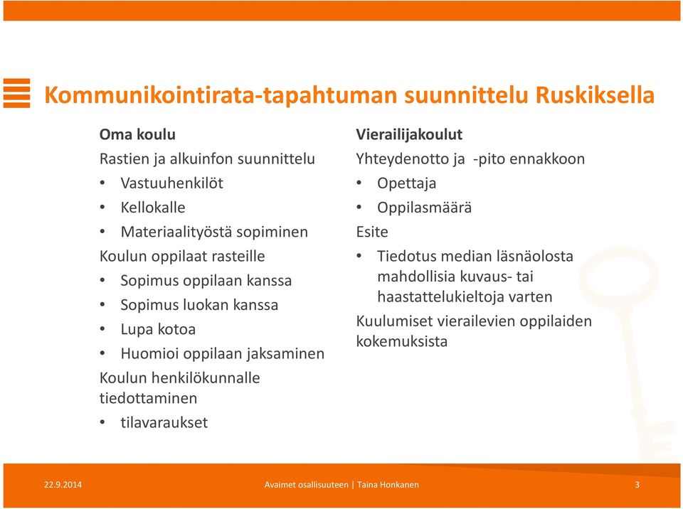 henkilökunnalle tiedottaminen tilavaraukset Vierailijakoulut Yhteydenotto ja -pito ennakkoon Opettaja Oppilasmäärä Esite Tiedotus median