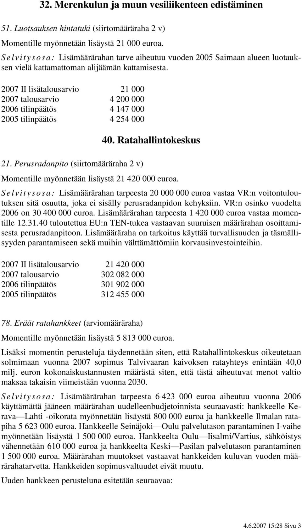 2007 II lisätalousarvio 21 000 2007 talousarvio 4 200 000 2006 tilinpäätös 4 147 000 2005 tilinpäätös 4 254 000 40. Ratahallintokeskus 21.