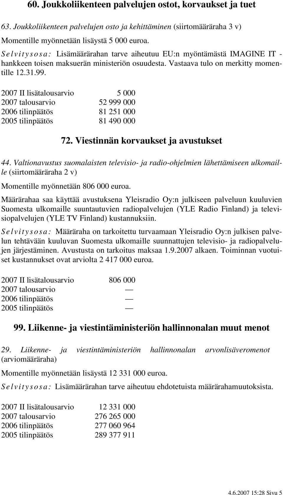 2007 II lisätalousarvio 5 000 2007 talousarvio 52 999 000 2006 tilinpäätös 81 251 000 2005 tilinpäätös 81 490 000 72. Viestinnän korvaukset ja avustukset 44.