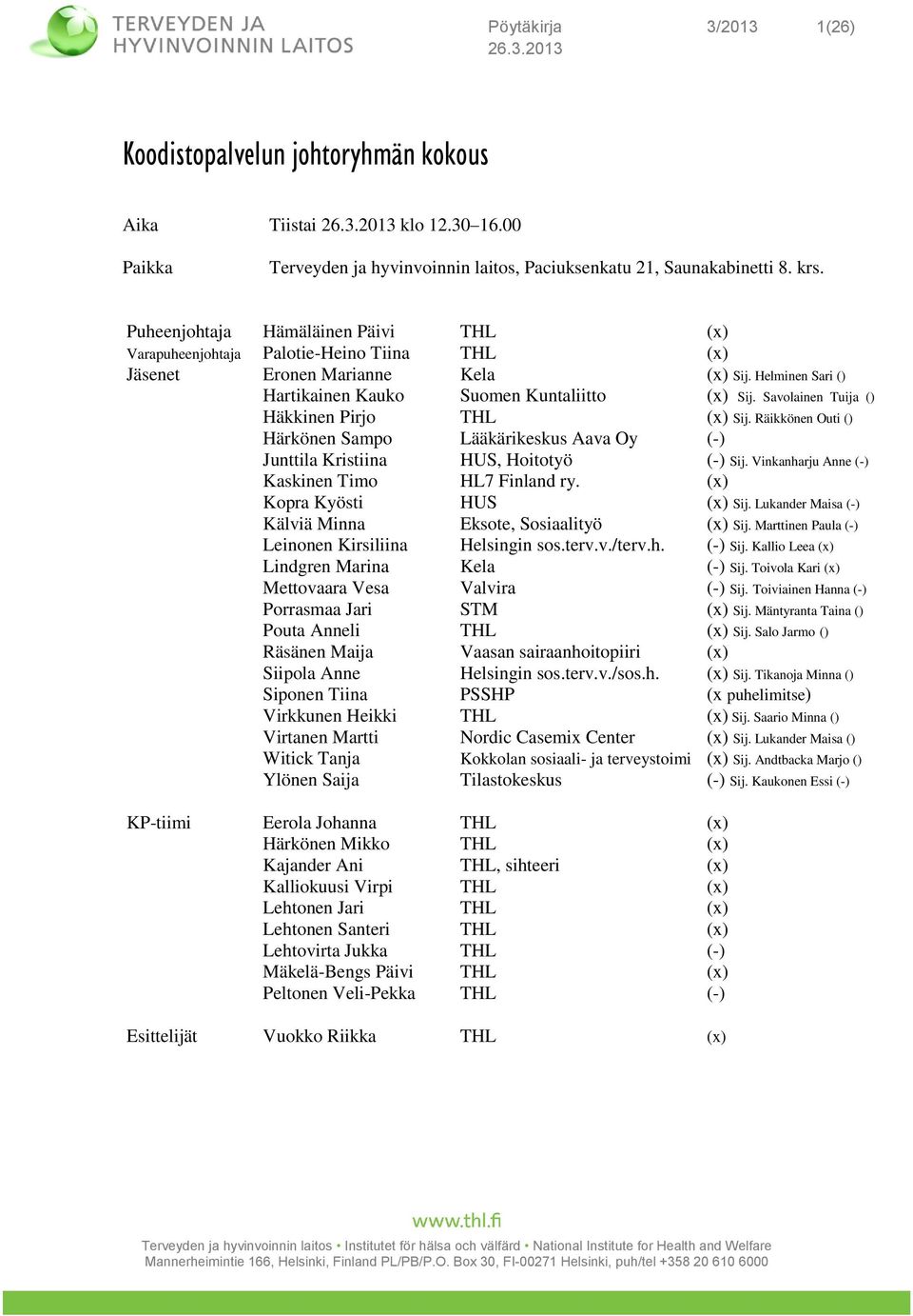 Savolainen Tuija () Häkkinen Pirjo THL (x) Sij. Räikkönen Outi () Härkönen Sampo Lääkärikeskus Aava Oy (-) Junttila Kristiina HUS, Hoitotyö (-) Sij. Vinkanharju Anne (-) Kaskinen Timo HL7 Finland ry.