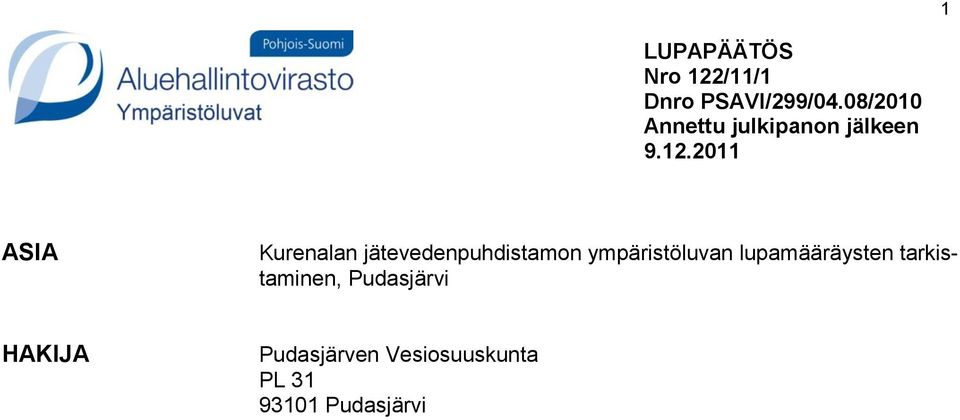 2011 ASIA Kurenalan jätevedenpuhdistamon ympäristöluvan