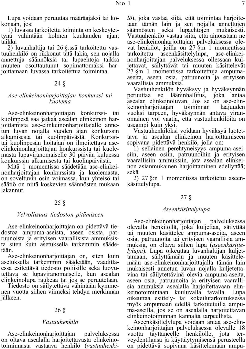 24 Ase-elinkeinonharjoittajan konkurssi tai kuolema Ase-elinkeinonharjoittajan konkurssi- tai kuolinpesä saa jatkaa asealan elinkeinon harjoittamista ase-elinkeinonharjoittajalle annetun luvan