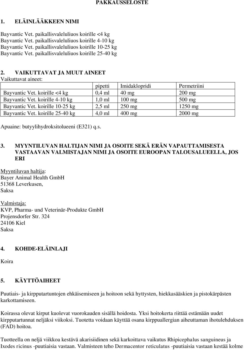 koirille <4 kg 0,4 ml 40 mg 200 mg Bayvantic Vet. koirille 4-10 kg 1,0 ml 100 mg 500 mg Bayvantic Vet. koirille 10-25 kg 2,5 ml 250 mg 1250 mg Bayvantic Vet.