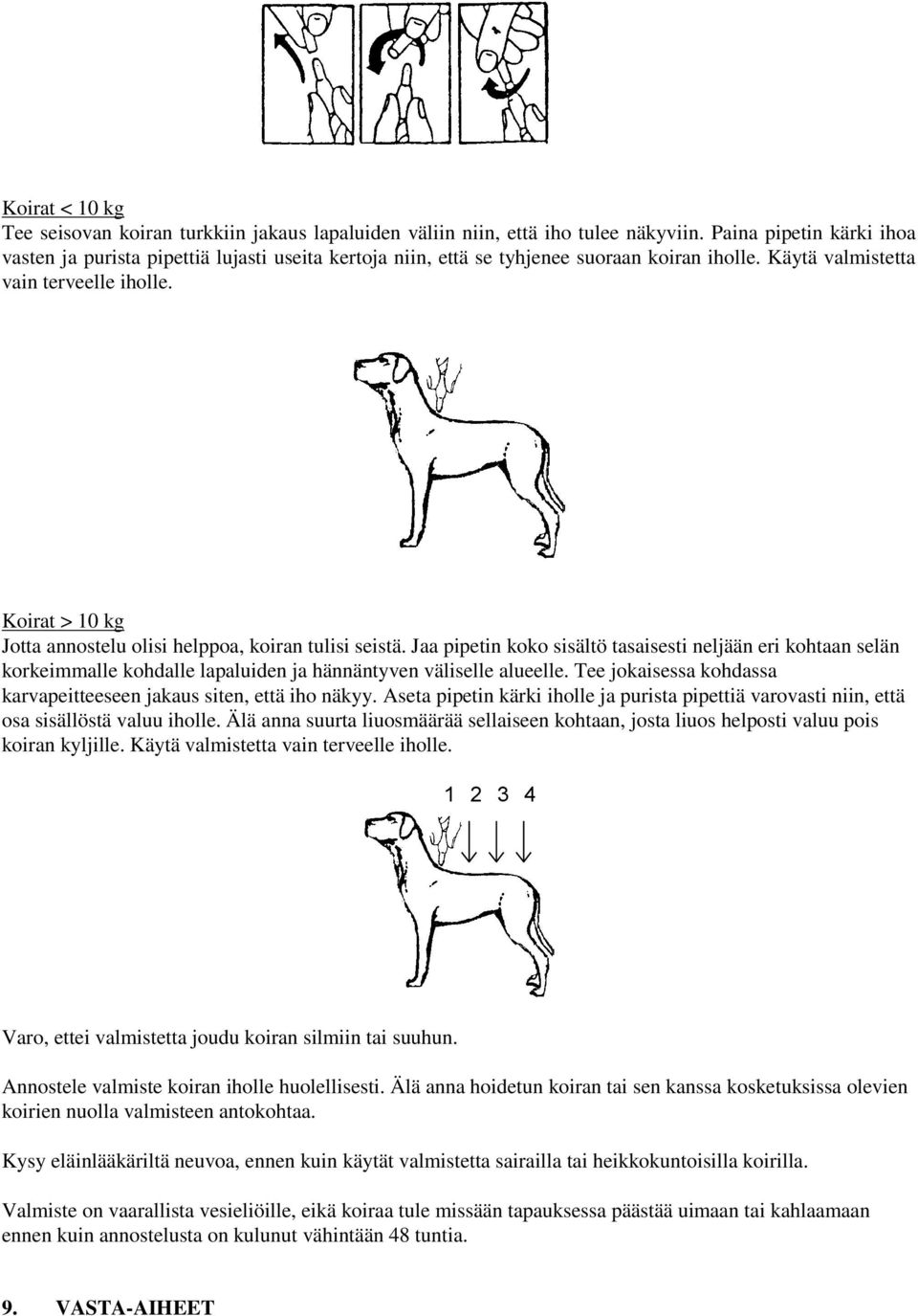 Koirat > 10 kg Jotta annostelu olisi helppoa, koiran tulisi seistä. Jaa pipetin koko sisältö tasaisesti neljään eri kohtaan selän korkeimmalle kohdalle lapaluiden ja hännäntyven väliselle alueelle.