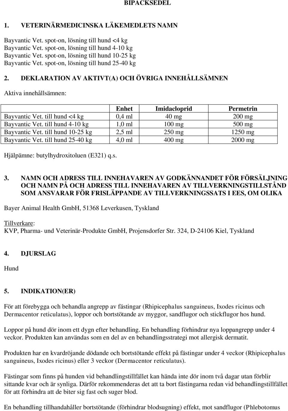 DEKLARATION AV AKTIVT(A) OCH ÖVRIGA INNEHÅLLSÄMNEN Aktiva innehållsämnen: Enhet Imidacloprid Permetrin Bayvantic Vet. till hund <4 kg 0,4 ml 40 mg 200 mg Bayvantic Vet.