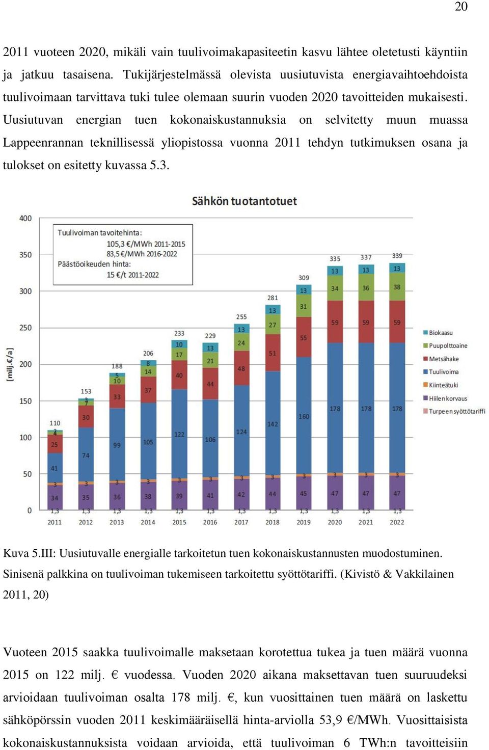 Uusiutuvan energian tuen kokonaiskustannuksia on selvitetty muun muassa Lappeenrannan teknillisessä yliopistossa vuonna 2011 tehdyn tutkimuksen osana ja tulokset on esitetty kuvassa 5.3. Kuva 5.
