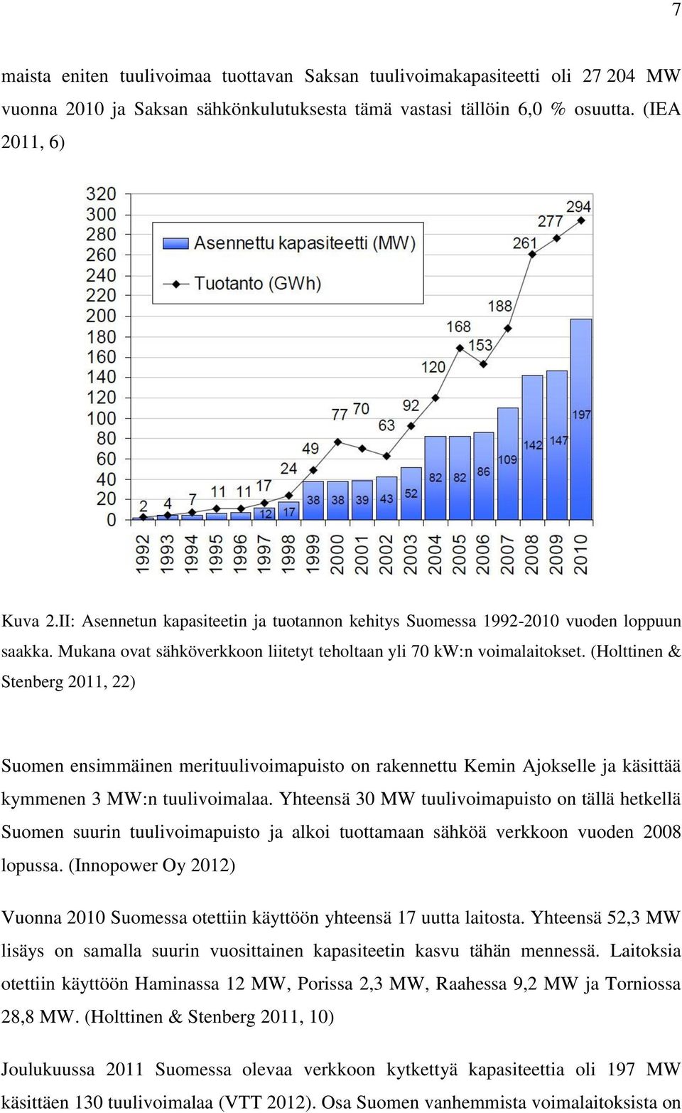 (Holttinen & Stenberg 2011, 22) Suomen ensimmäinen merituulivoimapuisto on rakennettu Kemin Ajokselle ja käsittää kymmenen 3 MW:n tuulivoimalaa.