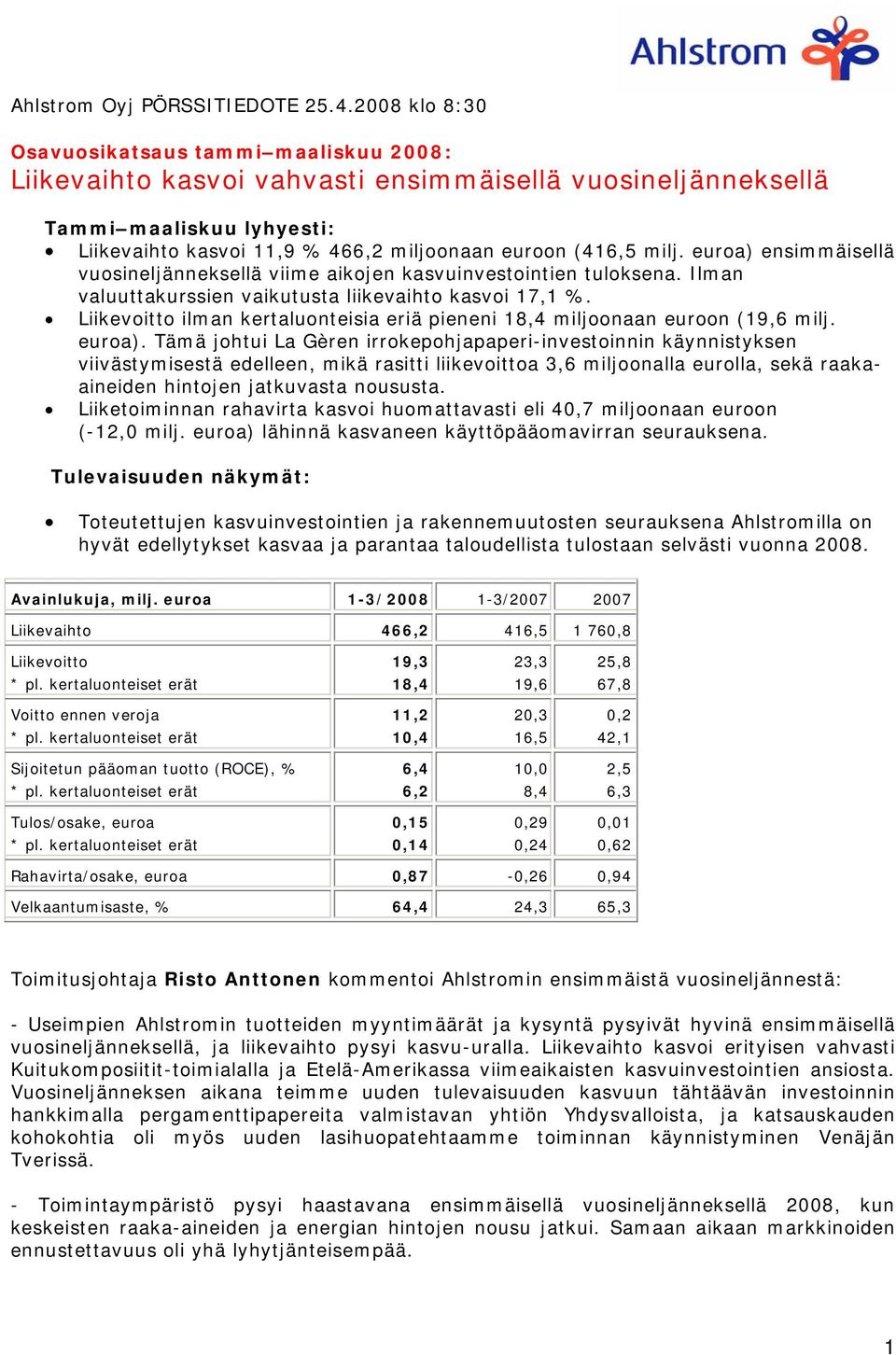 milj. euroa) ensimmäisellä vuosineljänneksellä viime aikojen kasvuinvestointien tuloksena. Ilman valuuttakurssien vaikutusta liikevaihto kasvoi 17,1 %.