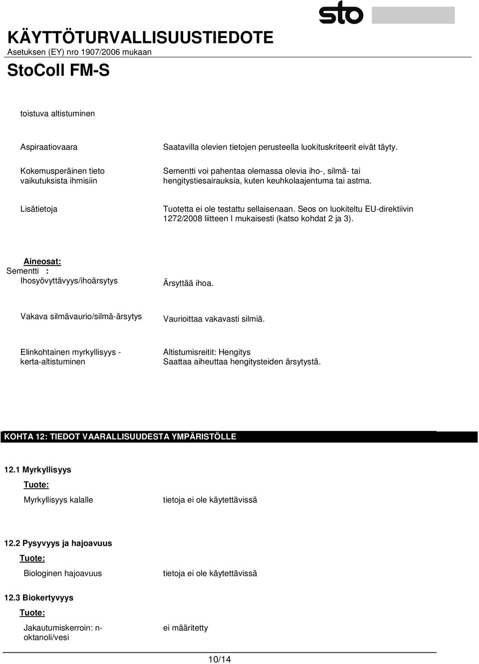 Seos on luokiteltu EU-direktiivin 1272/2008 liitteen I mukaisesti (katso kohdat 2 ja 3). Aineosat: Sementti : Ihosyövyttävyys/ihoärsytys Ärsyttää ihoa.