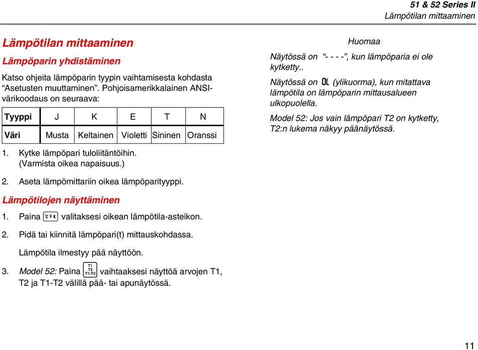 . Näytössä on 0L (ylikuorma), kun mitattava lämpötila on lämpöparin mittausalueen ulkopuolella. Model 52: Jos vain lämpöpari T2 on kytketty, T2:n lukema näkyy päänäytössä. 1.