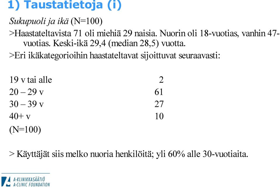 >Eri ikäkategorioihin haastateltavat sijoittuvat seuraavasti: 19 v tai alle 2 20 29 v 61