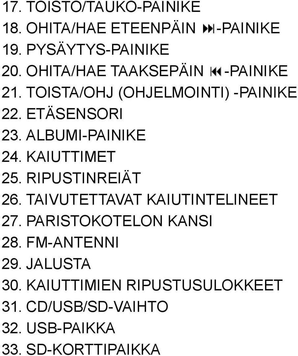 ALBUMI-PAINIKE 24. KAIUTTIMET 25. RIPUSTINREIÄT 26. TAIVUTETTAVAT KAIUTINTELINEET 27.