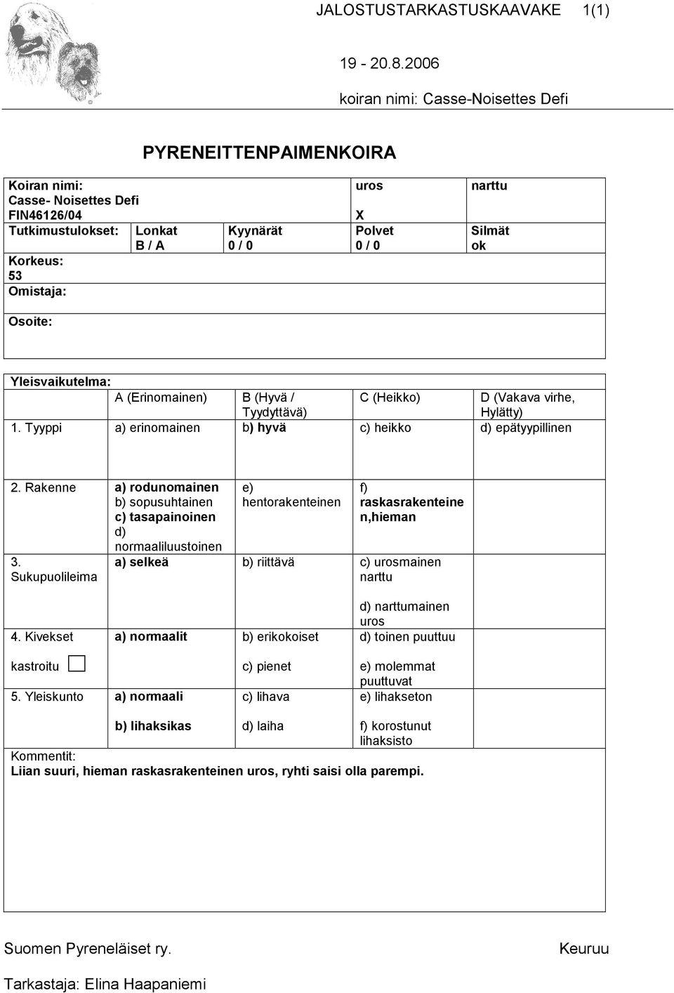 Sukupuolileima e) hentorakenteinen f) raskasrakenteine n,hieman a) selkeä b) riittävä c) urosmainen narttu 4.