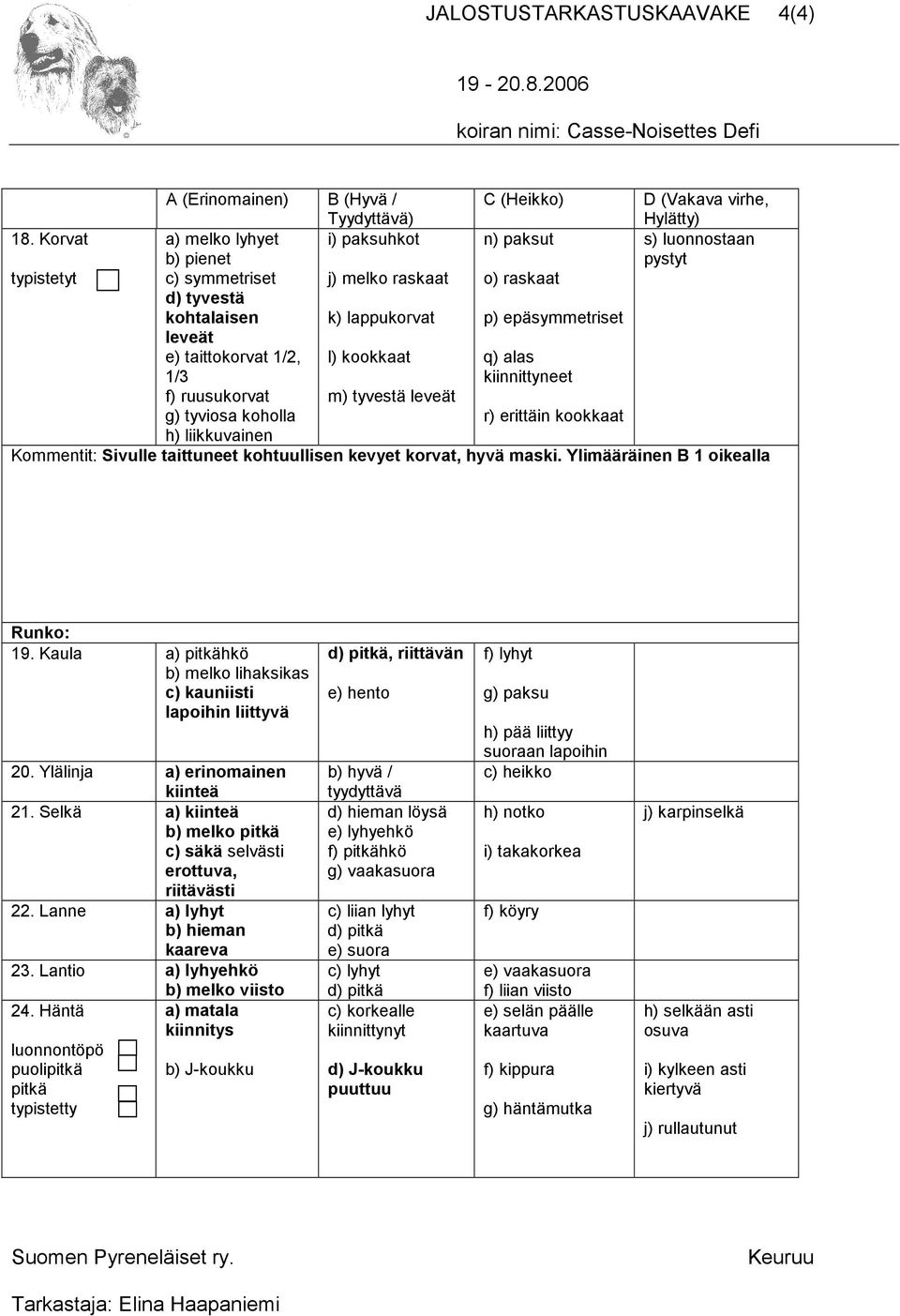 liikkuvainen j) melko raskaat k) lappukorvat l) kookkaat m) tyvestä leveät o) raskaat p) epäsymmetriset q) alas kiinnittyneet r) erittäin kookkaat Sivulle taittuneet kohtuullisen kevyet korvat, hyvä