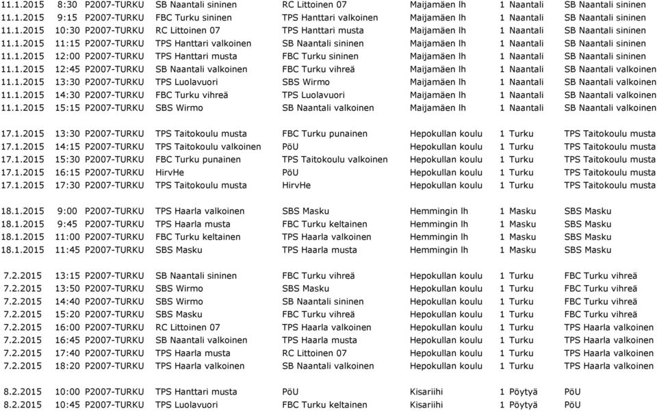 1.2015 12:00 P2007-TURKU TPS Hanttari musta FBC Turku sininen Maijamäen lh 1 Naantali SB Naantali sininen 11.1.2015 12:45 P2007-TURKU SB Naantali valkoinen FBC Turku vihreä Maijamäen lh 1 Naantali SB Naantali valkoinen 11.