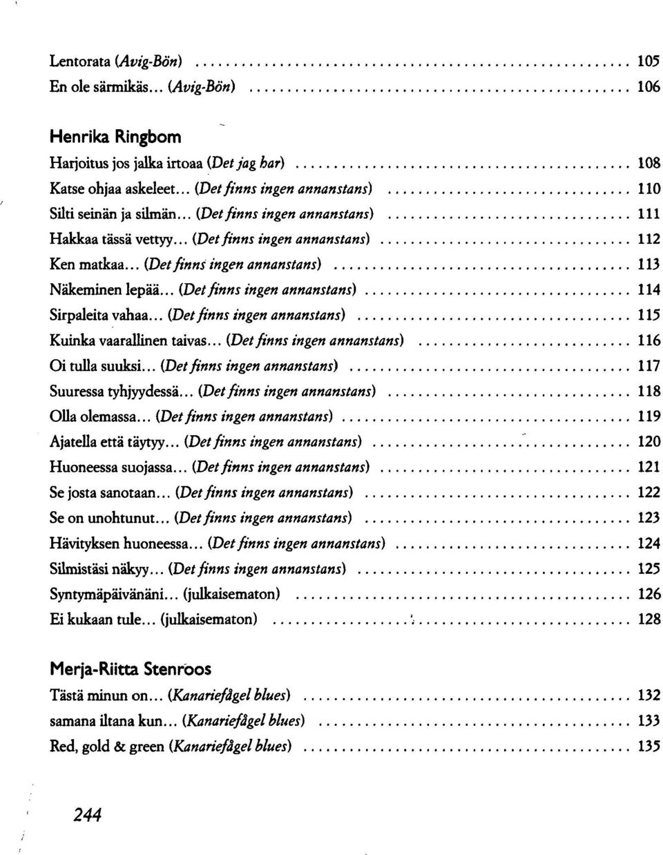 .. (Detfinns ingen annanstans) 114 Sirpaleita vahaa... (Detfinns ingen annanstans) 115 Kuinka vaarallinen taivas... (Detfinns ingen annanstans) 116 Oi tulla suuksi.