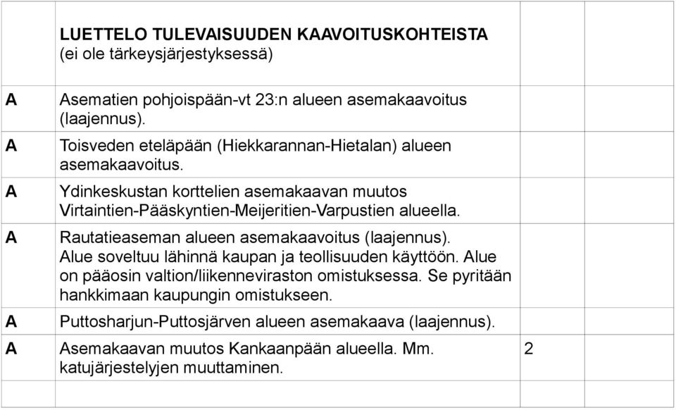 Ydinkeskustan korttelien asemakaavan muutos Virtaintien-Pääskyntien-Meijeritien-Varpustien alueella. Rautatieaseman alueen asemakaavoitus (laajennus).