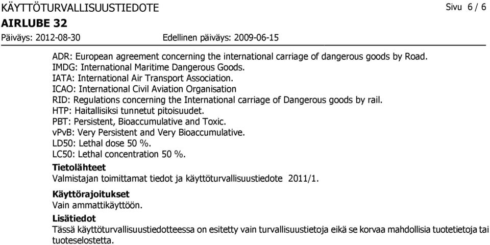 HTP: Haitallisiksi tunnetut pitoisuudet. PBT: Persistent, Bioaccumulative and Toxic. vpvb: Very Persistent and Very Bioaccumulative. LD50: Lethal dose 50 %. LC50: Lethal concentration 50 %.