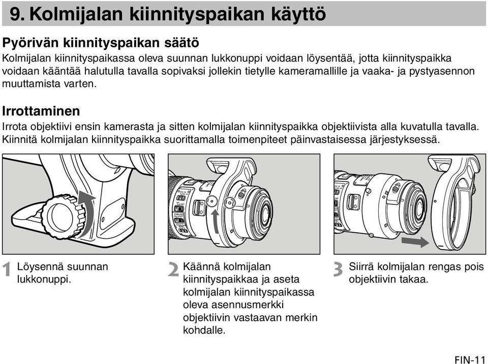 Irrottaminen Irrota objektiivi ensin kamerasta ja sitten kolmijalan kiinnityspaikka objektiivista alla kuvatulla tavalla.