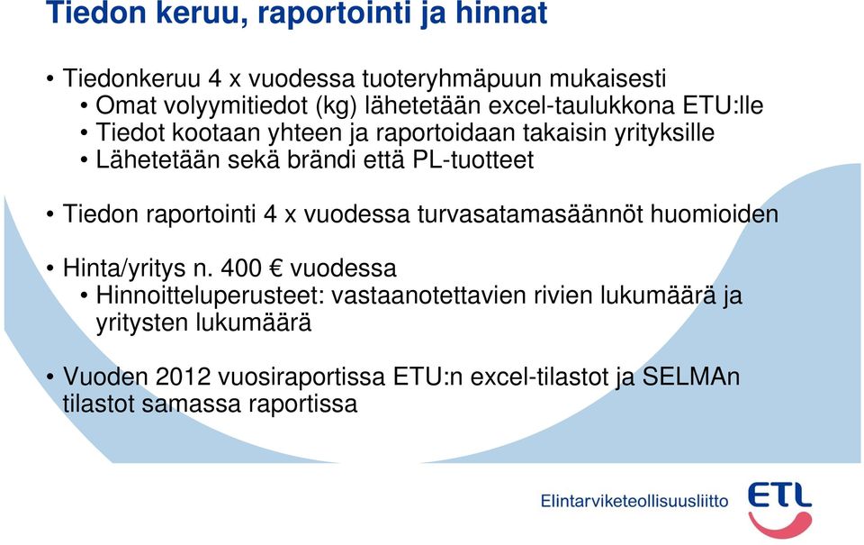 Tiedon raportointi 4 x vuodessa turvasatamasäännöt huomioiden Hinta/yritys n.