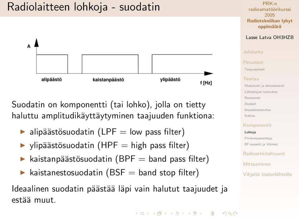 pass filter) ylipäästösuodatin (HPF = high pass filter) kaistanpäästösuodatin (BPF = band pass filter)