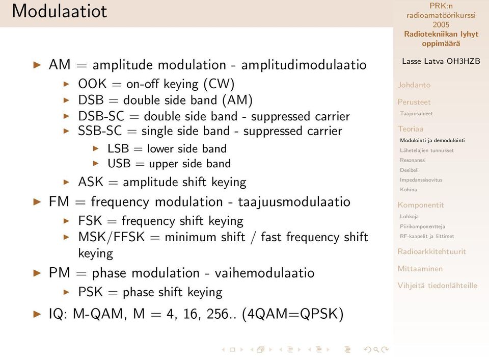 amplitude shift keying FM = frequency modulation - taajuusmodulaatio FSK = frequency shift keying MSK/FFSK = minimum shift /