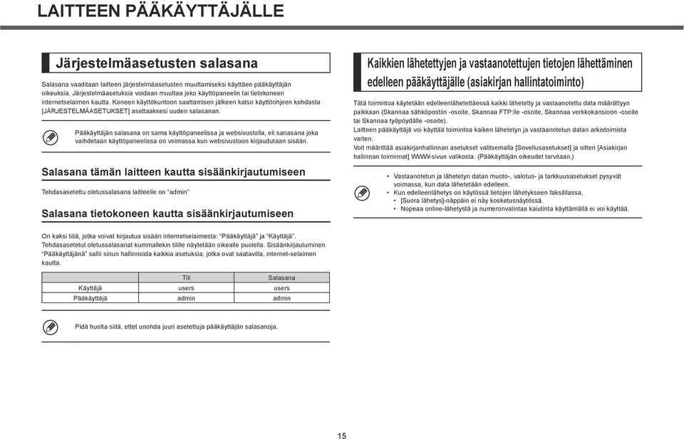 Koneen käyttökuntoon saattamisen jälkeen katso käyttöohjeen kohdasta [JÄRJESTELMÄASETUKSET] asettaaksesi uuden salasanan.
