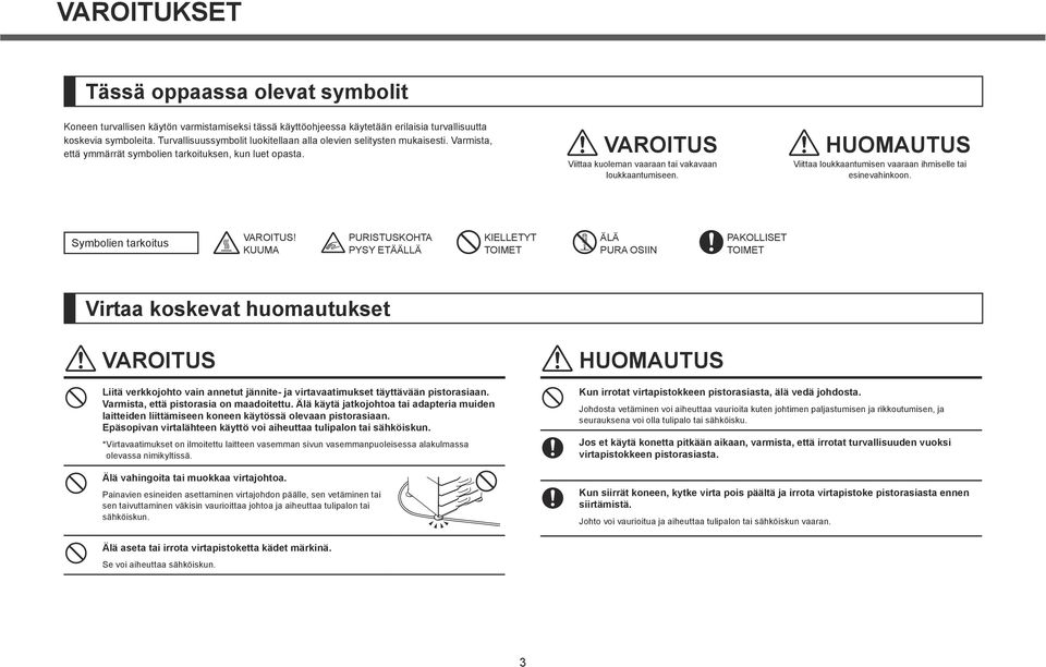 HUOMAUTUS Viittaa loukkaantumisen vaaraan ihmiselle tai esinevahinkoon. Symbolien tarkoitus VAROITUS!