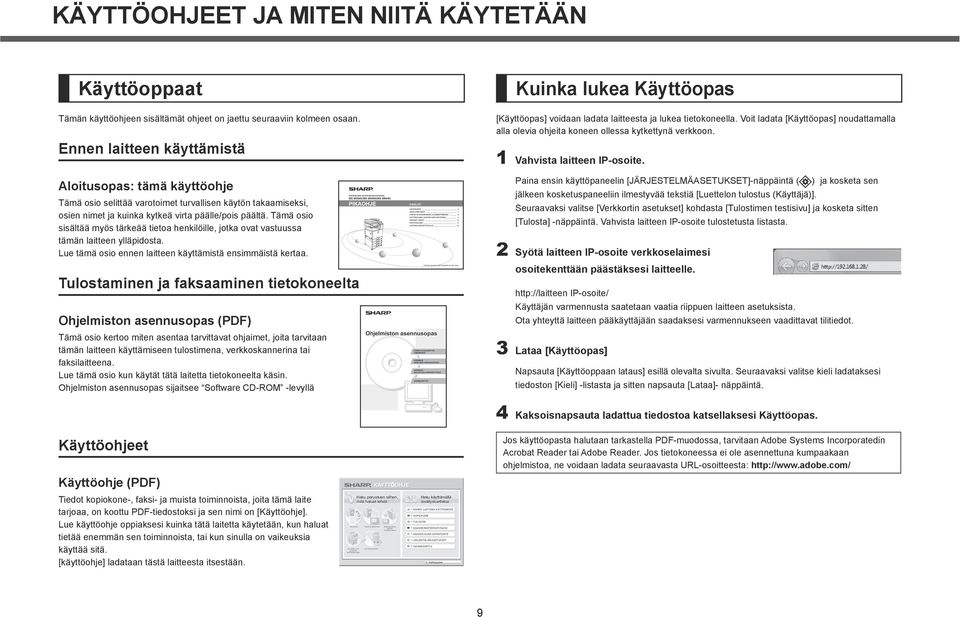 KÄYTTÖOHJEET JA MITEN NIITÄ KÄYTETÄÄN Käyttöoppaat Tämän käyttöohjeen sisältämät ohjeet on jaettu seuraaviin kolmeen osaan.