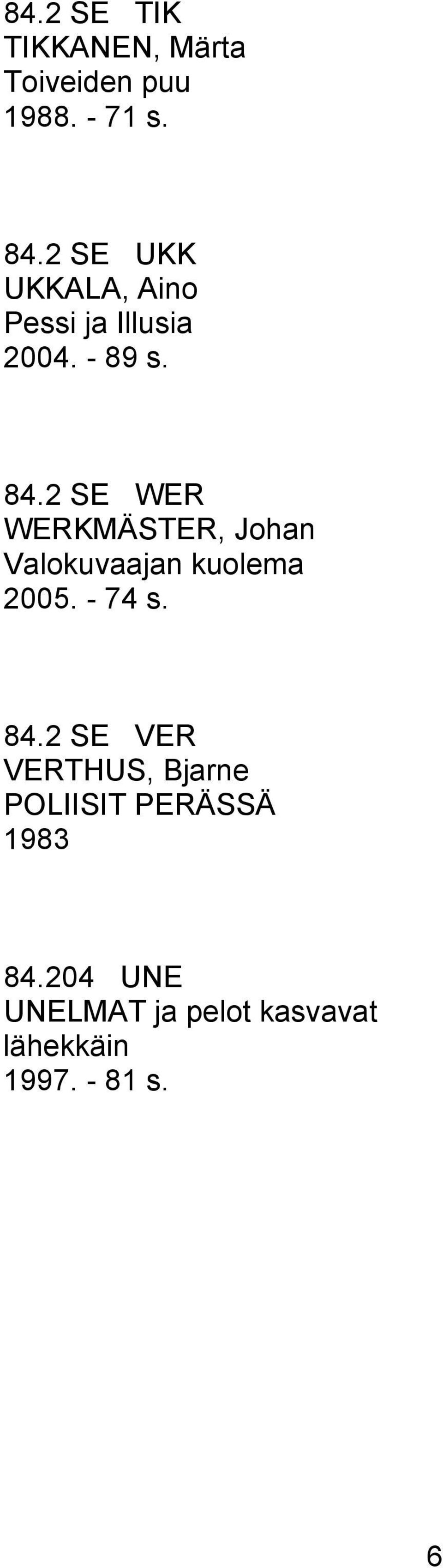 2 SE WER WERKMÄSTER, Johan Valokuvaajan kuolema 2005. - 74 s. 84.