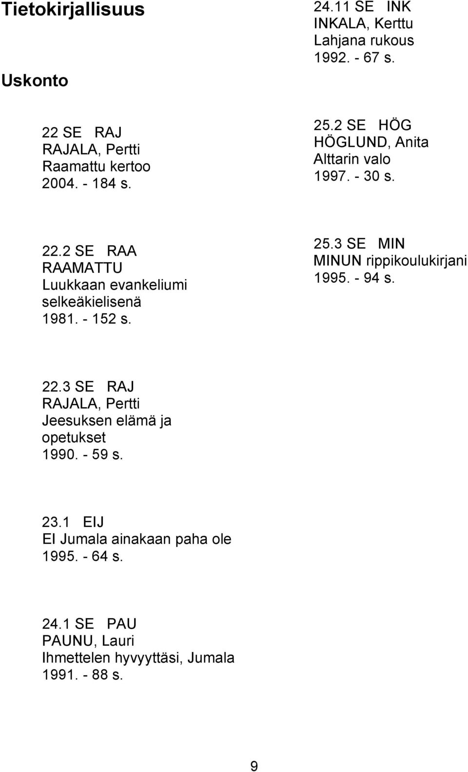 2 SE RAA RAAMATTU Luukkaan evankeliumi selkeäkielisenä 1981. - 152 s. 25.3 SE MIN MINUN rippikoulukirjani 1995. - 94 s.