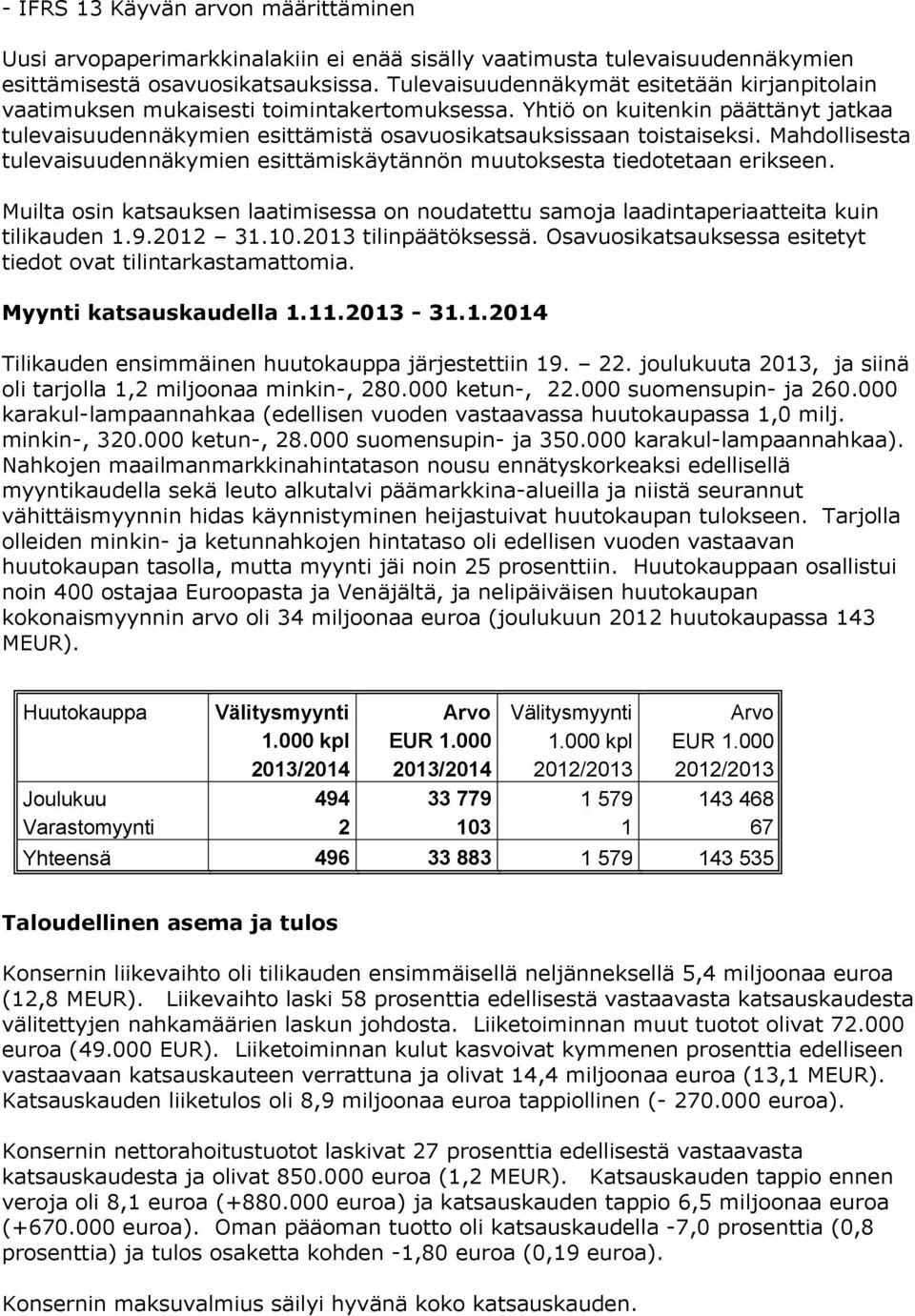 Mahdollisesta tulevaisuudennäkymien esittämiskäytännön muutoksesta tiedotetaan erikseen. Muilta osin katsauksen laatimisessa on noudatettu samoja laadintaperiaatteita kuin tilikauden 1.9.2012 31.10.