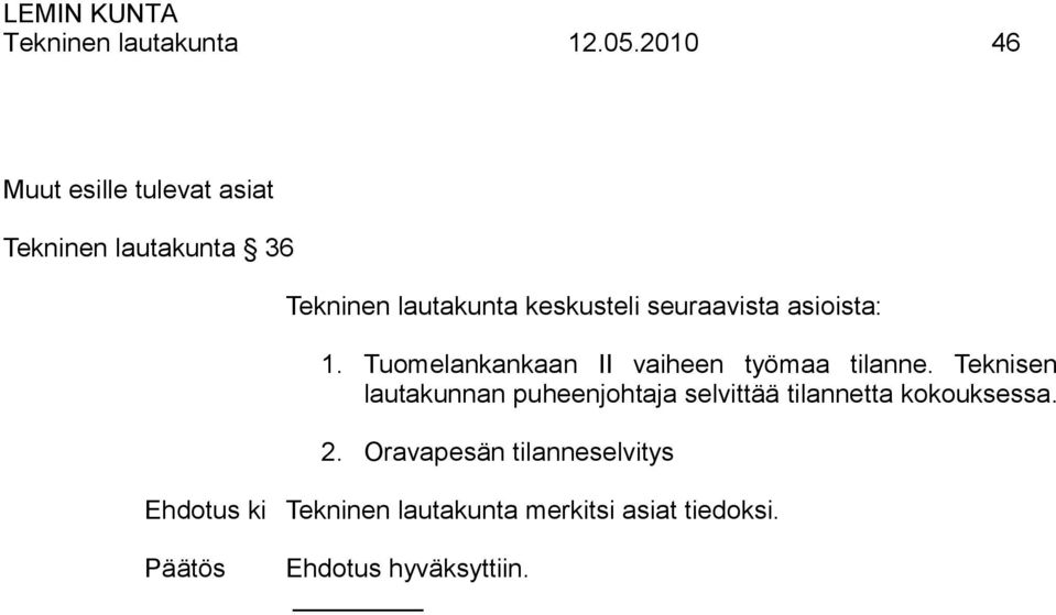 keskusteli seuraavista asioista: 1. Tuomelankankaan II vaiheen työmaa tilanne.