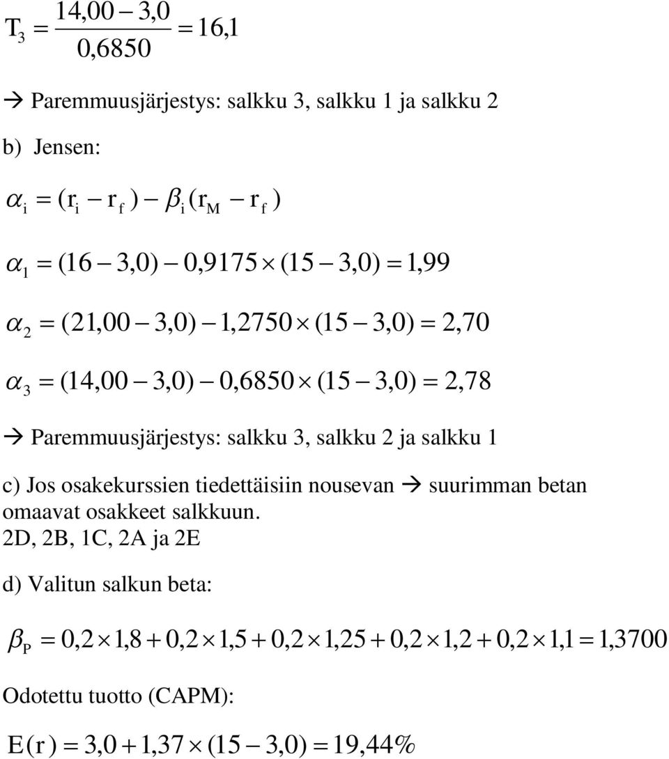 salkku c Jos osakekussen tedettäsn nousevan suumman betan omaavat osakkeet salkkuun.