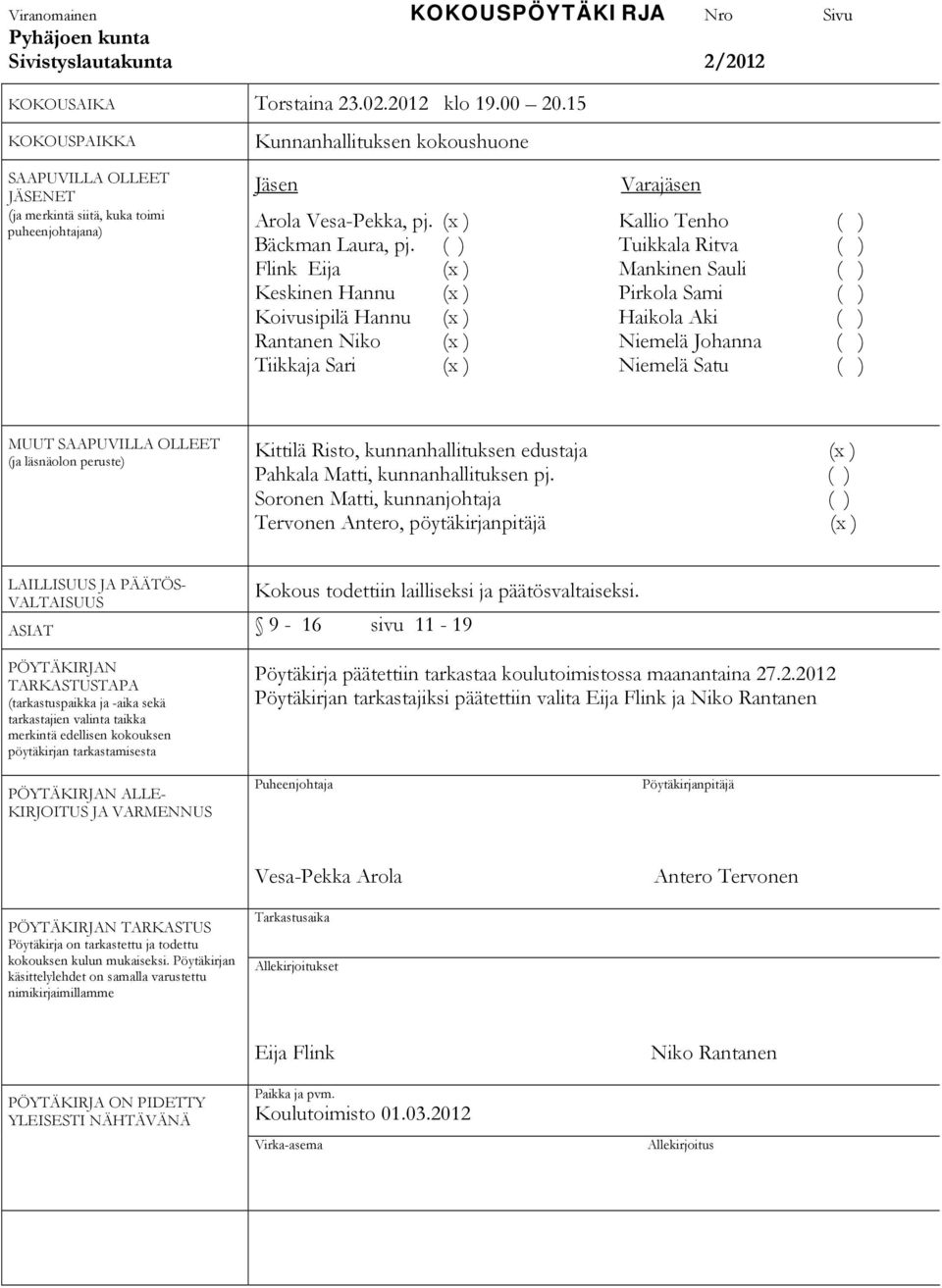 ( ) Tuikkala Ritva ( ) Flink Eija (x ) Mankinen Sauli ( ) Keskinen Hannu (x ) Pirkola Sami ( ) Koivusipilä Hannu (x ) Haikola Aki ( ) Rantanen Niko (x ) Niemelä Johanna ( ) Tiikkaja Sari (x ) Niemelä